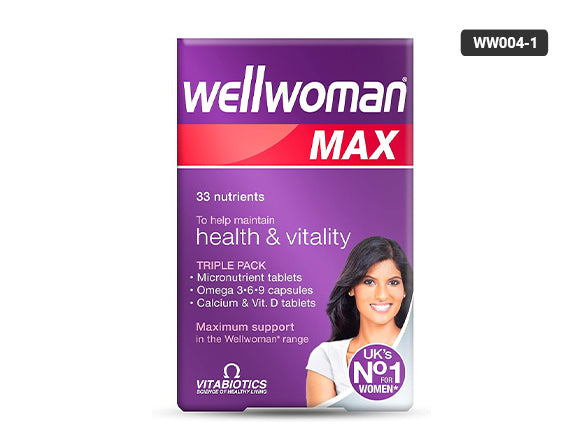 Wellwoman Vitabiotics Max 84 Tablets – a multivitamin that includes Omega-3, calcium and nutrients to help with energy, balance hormones and support women’s general health.